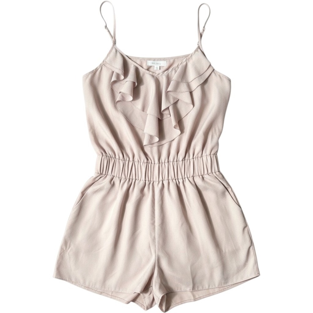 Alythea Romper Women Small Beige Ruffle Neck Adjustable Straps